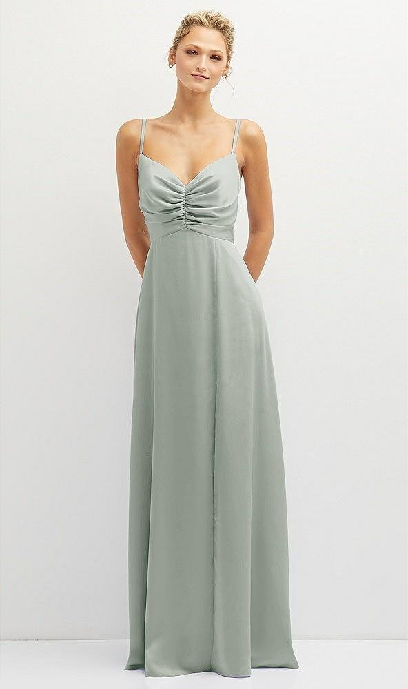 vertical ruched bodice satin maxi dress with full skirt