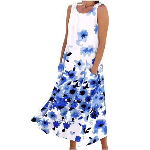vestido casual para mujer summer dresses for womens cotton linen sleeveless maxi dresses casual sun dress comfy summer beach outfits with pocket dresses for women 2024 casual blue l