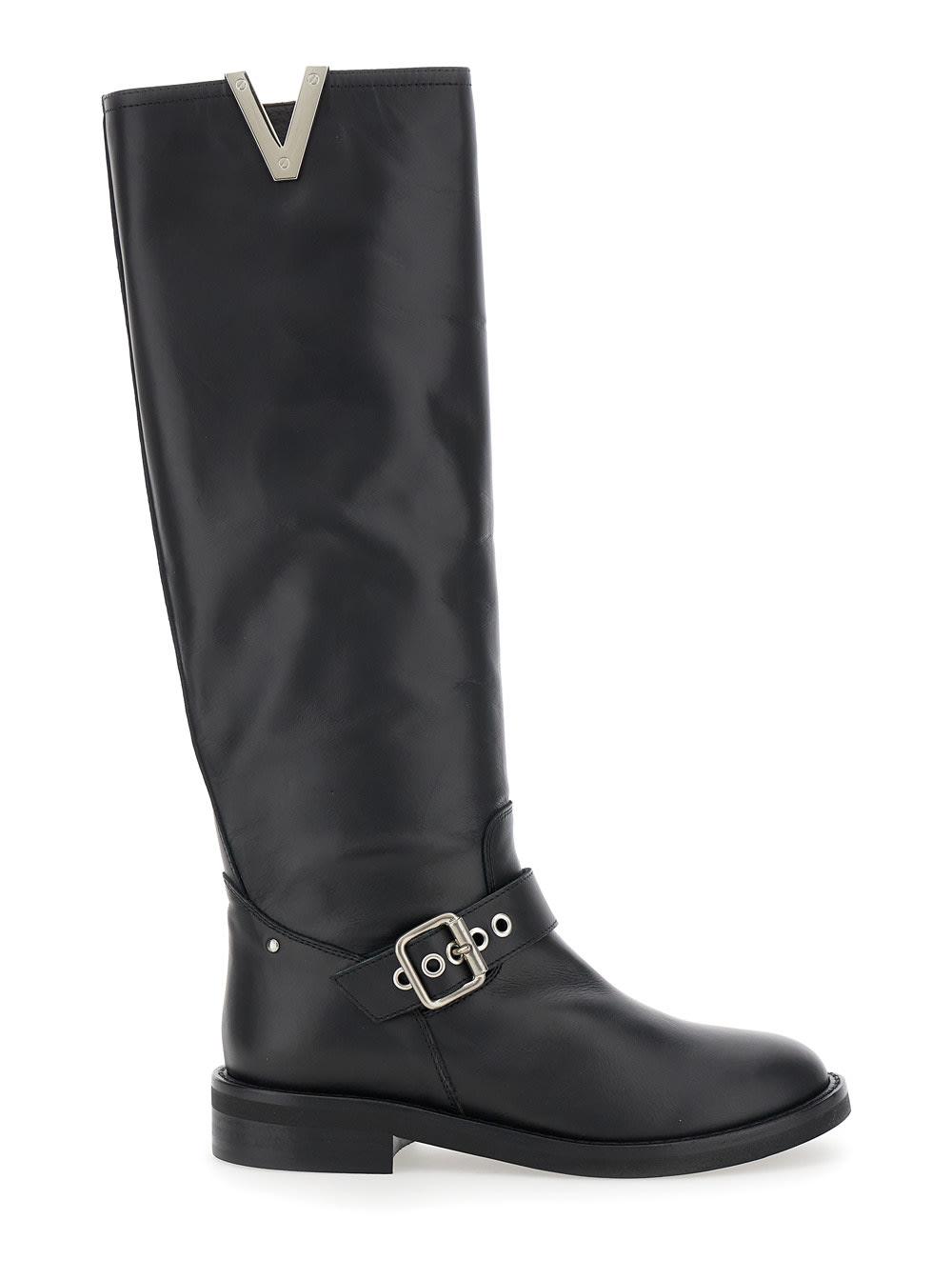via roma 15 black knee boots with v-lateral detailing in leather woman