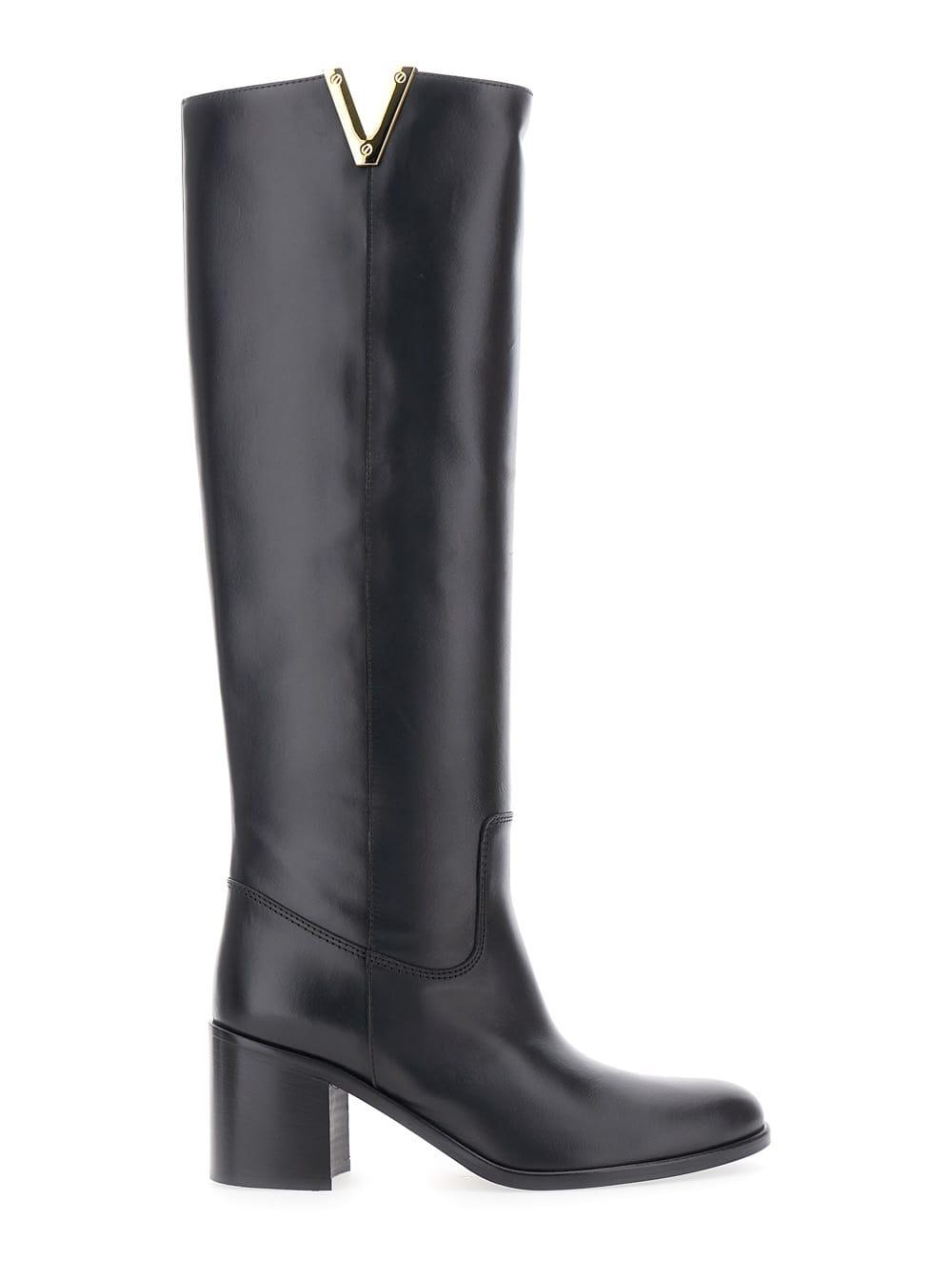 via roma 15 black knee-high boots with cut-out on the side and logo plaque in leather woman