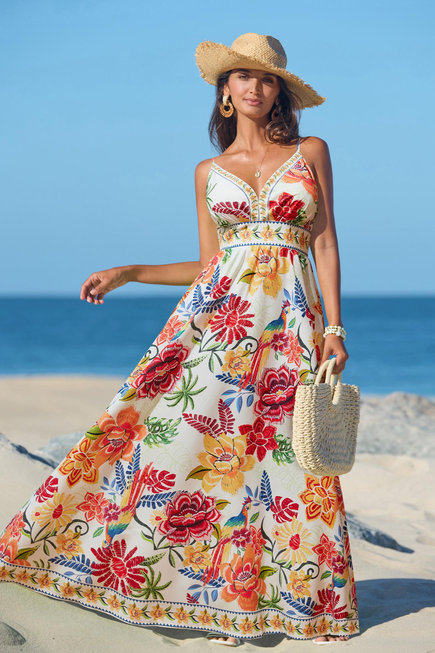 vibrant oasis tropical maxi dress - l