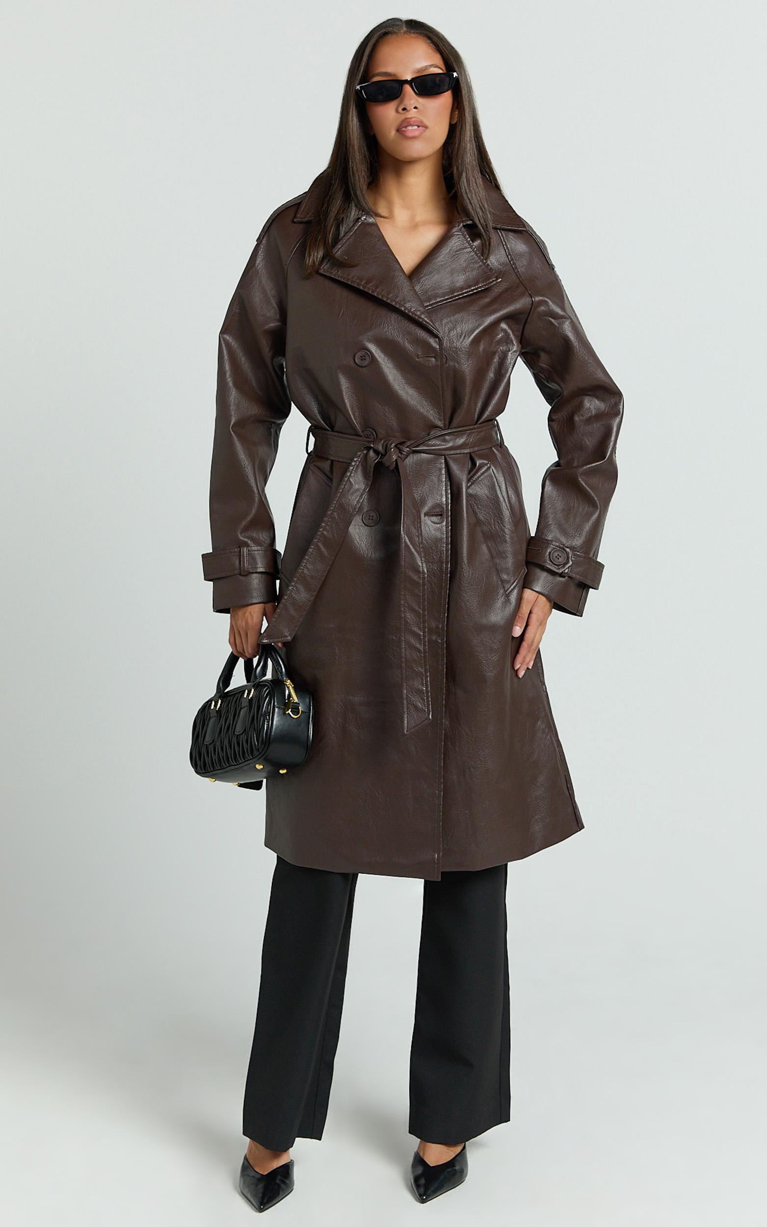 vicki trench coat - faux leather washed trench coat in chocolate