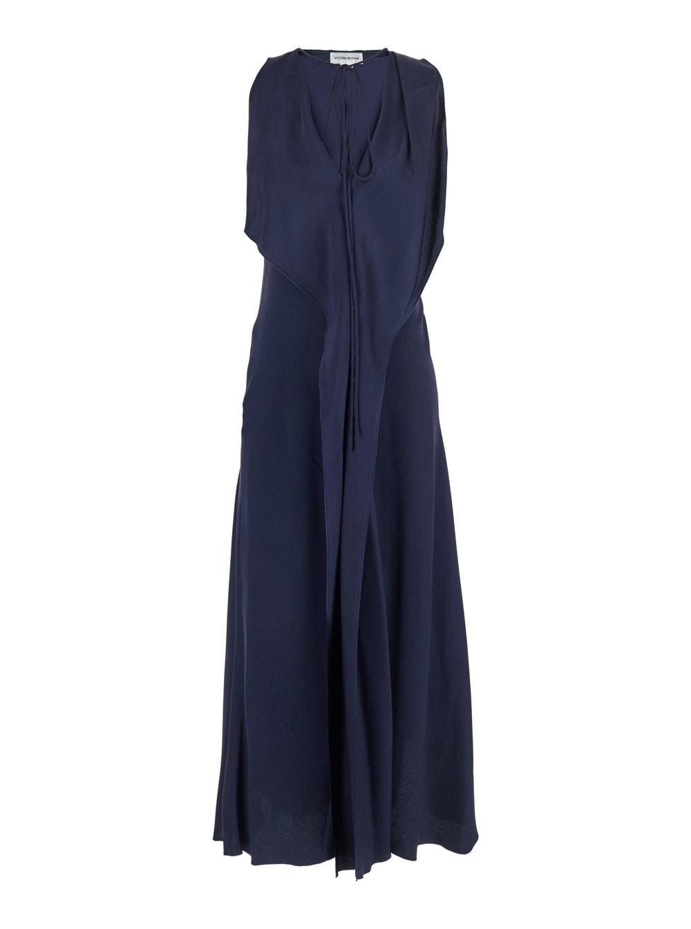 victoria beckham blue sleeveless long dress with v neck in fabric woman