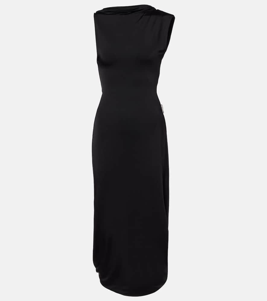 victoria beckham draped embellished satin midi dress