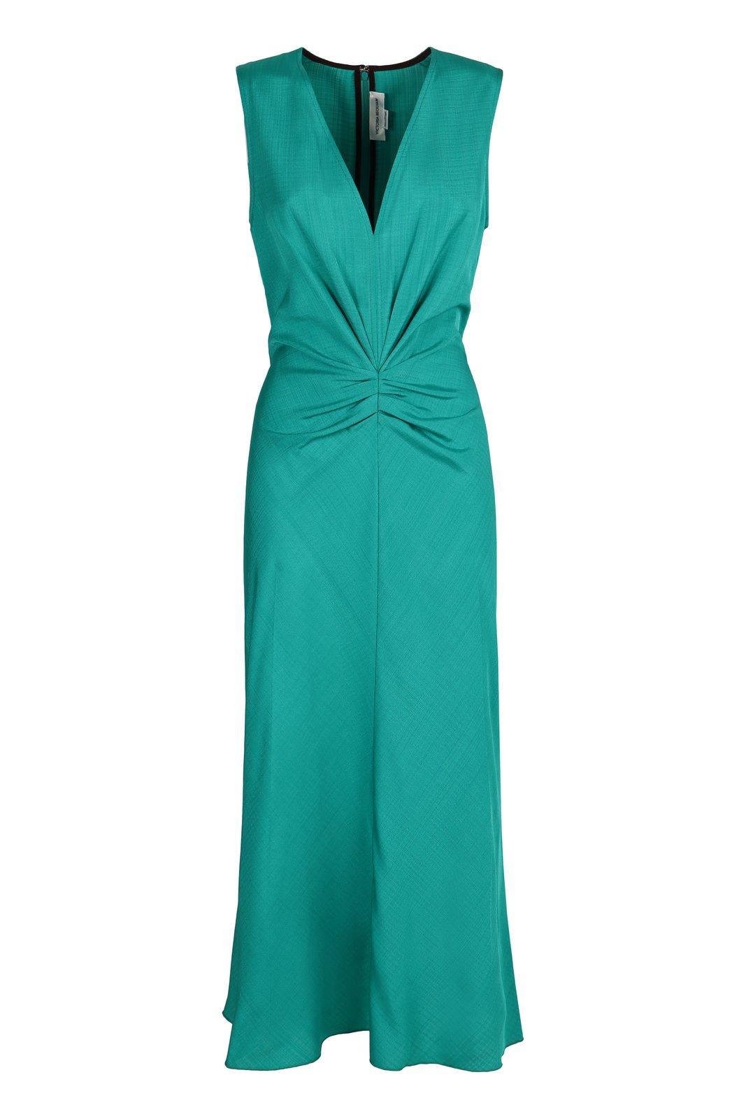 victoria beckham gathered v-neck midi dress