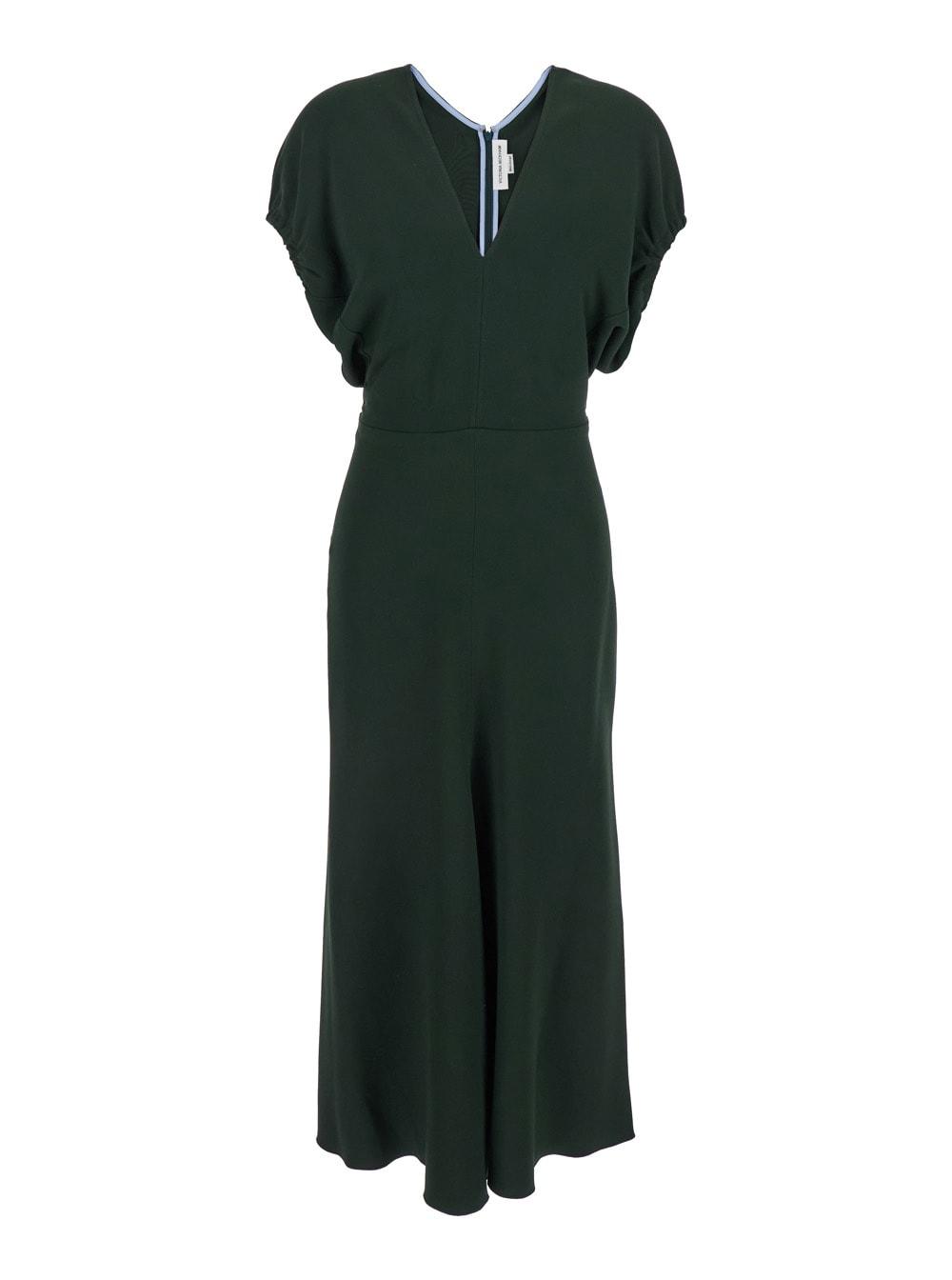 victoria beckham green midi dress with ruched sleeves and v neck in viscose blend stretch woman