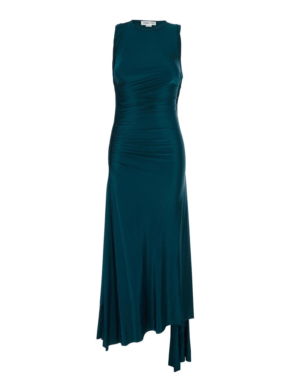 victoria beckham long dress victoria petrol green with round neck and ruching details in viscose for women