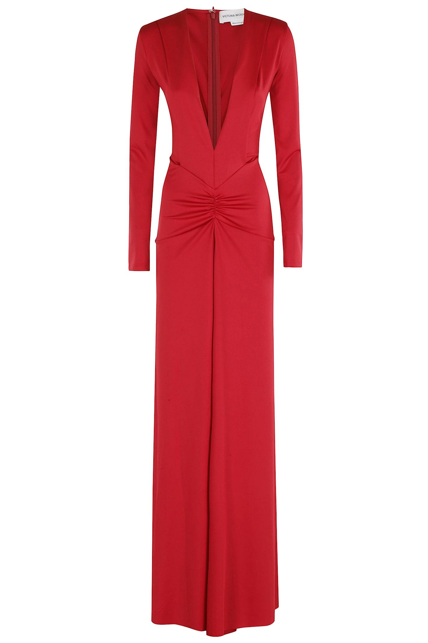 victoria beckham long sleeve deep v-neck gown