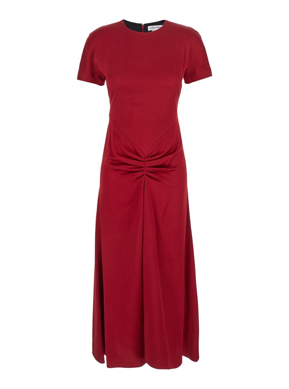 victoria beckham red crewneck midi dress with gathered waist and rear zip closure in viscose blend woman