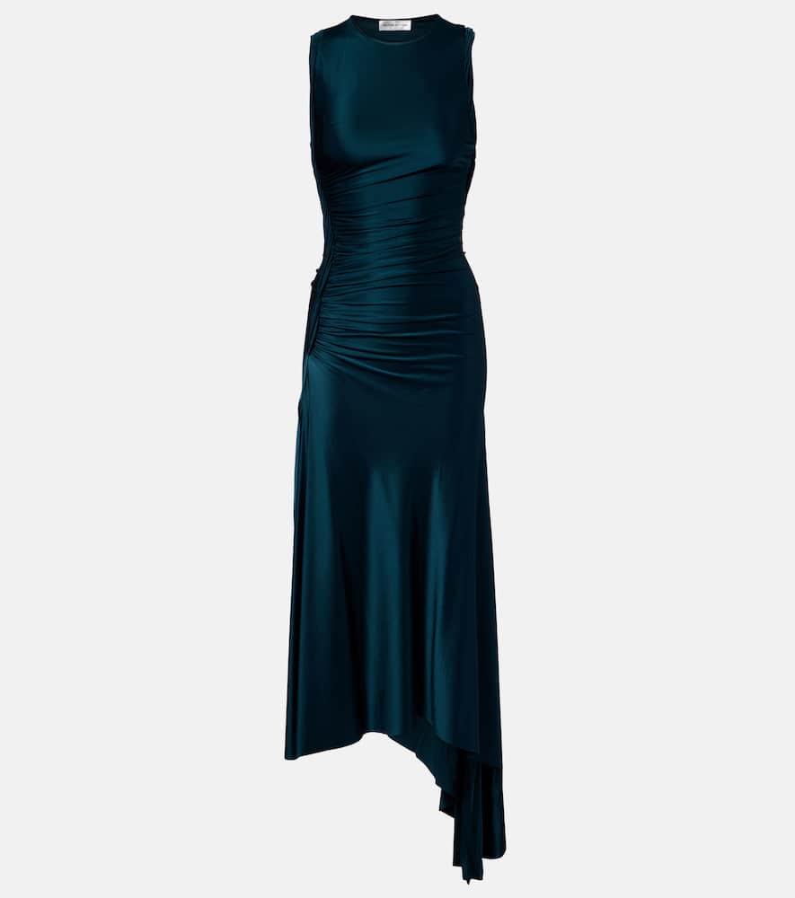 victoria beckham ruched asymmetric jersey midi dress