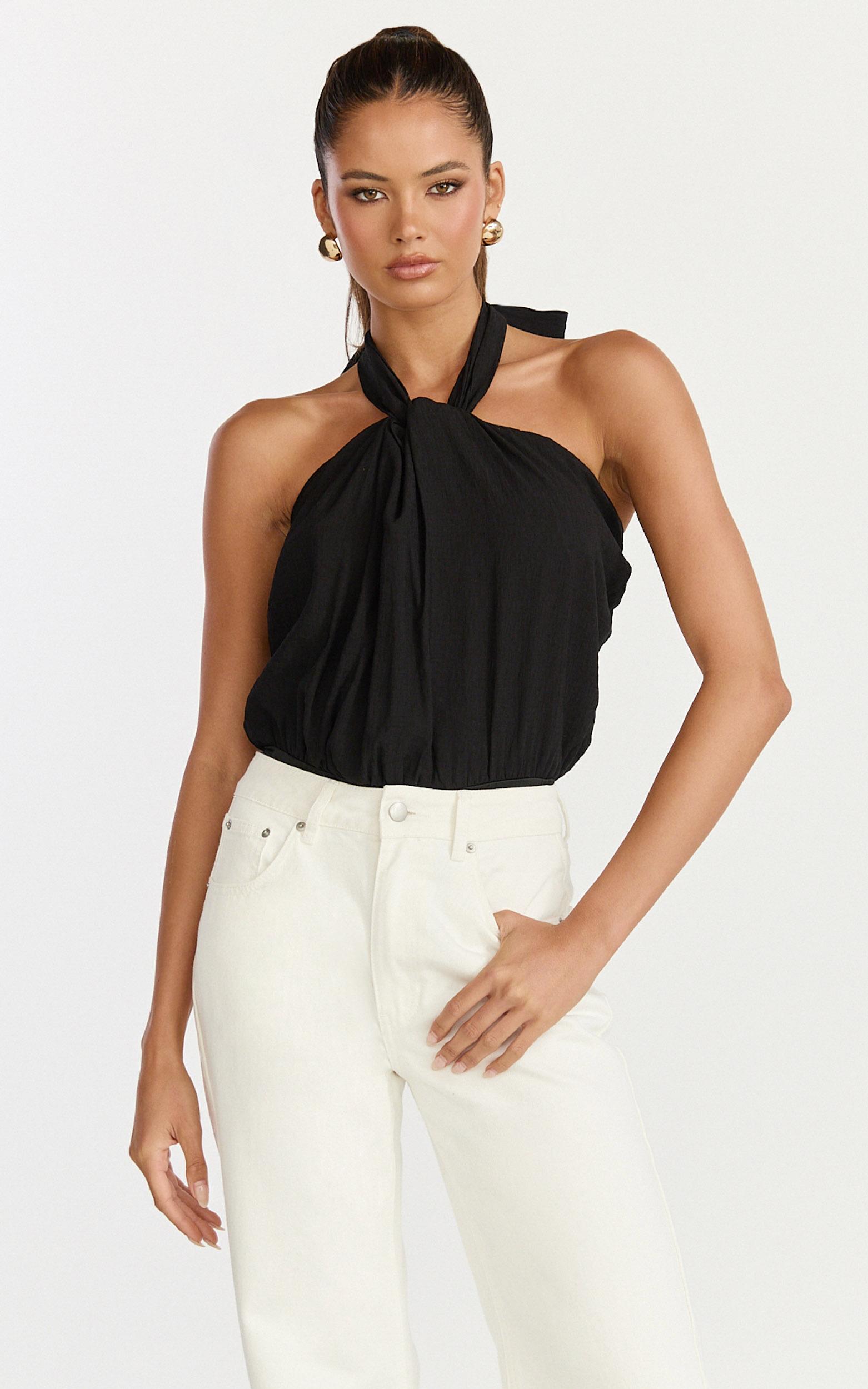 victoria bodysuit - linen look tie knot halter neck bodysuit in black