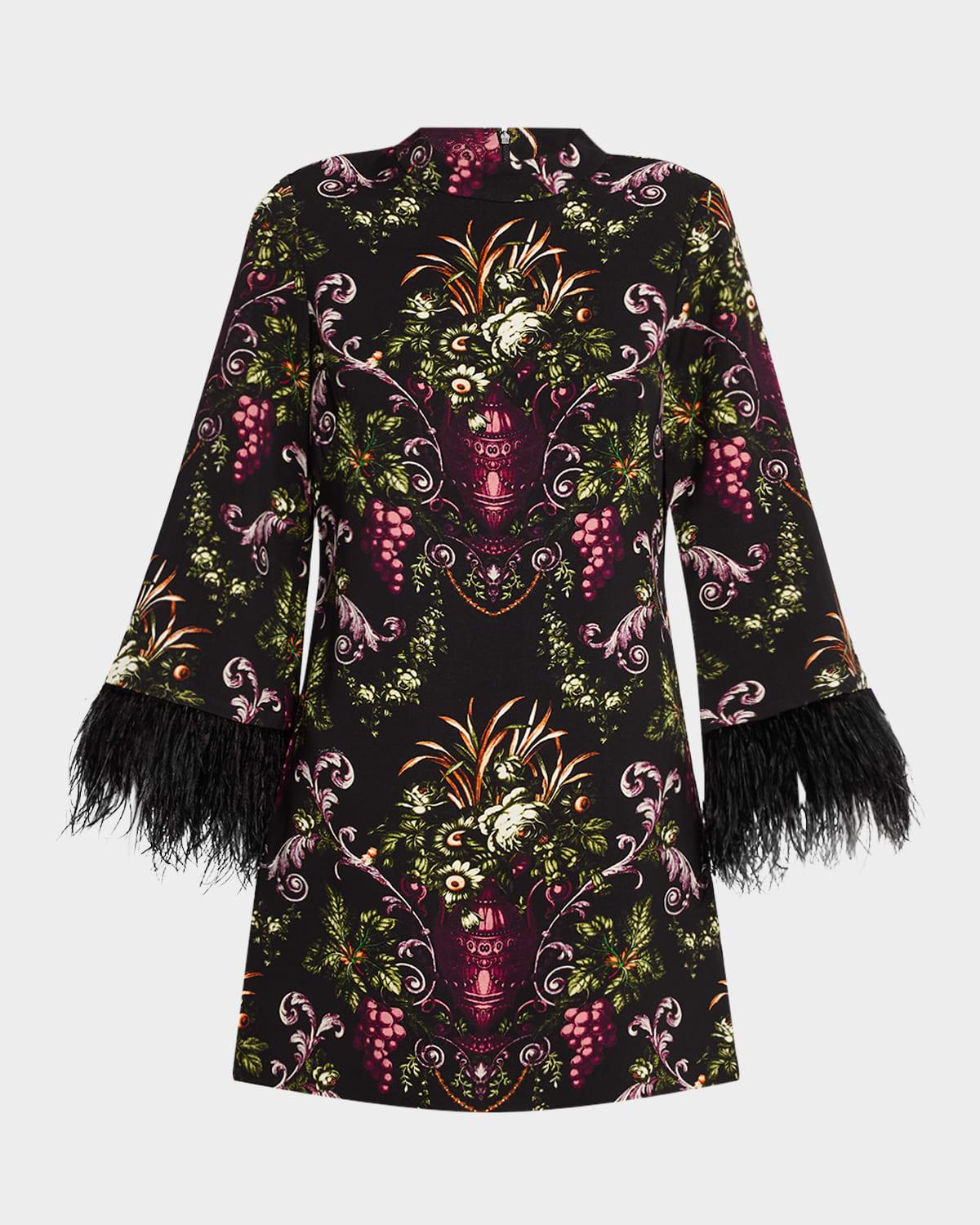 vida mock-neck medallion-print feather-trim mini dress