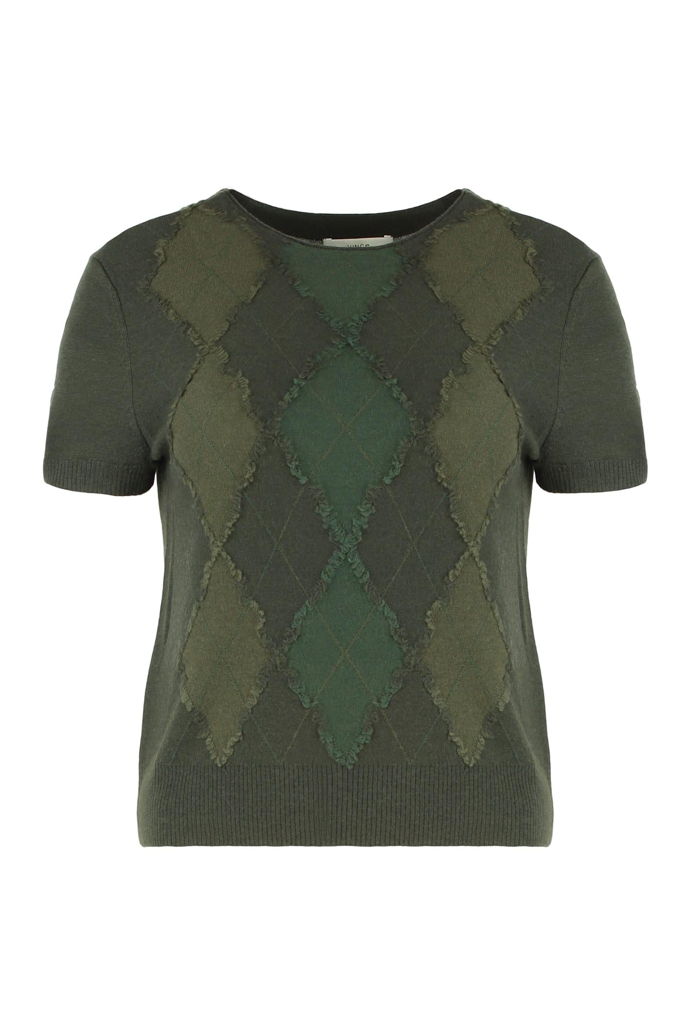 vince argyle short-sleeve sweater in a wool blend