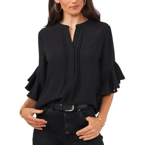 vince camuto ruffle sleeve henley blouse rich black sm