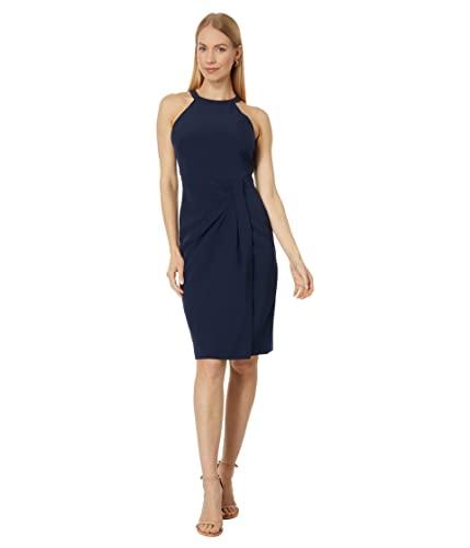 vince camuto side tuck halter bodycon dress in stretch crepe navy 10