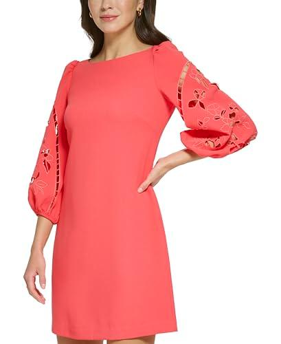 vince camuto women's 3/4 balloon sleeve high neck shift mini dress, hot coral