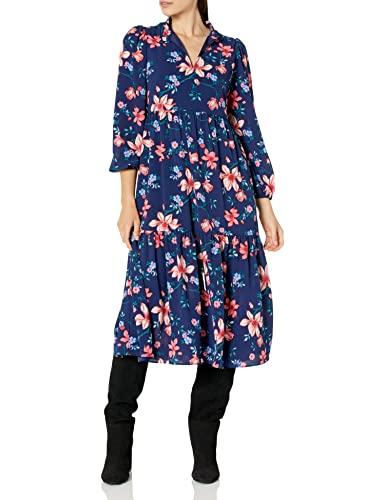 vince camuto women's 3/4 balloon sleeve v-neck a-line midi dress, navy multi, 6