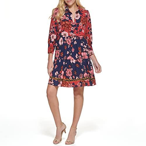 vince camuto women's casual printed trapeze dress, persimmon, 4