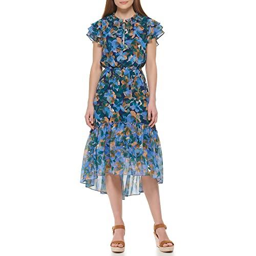 vince camuto women's casual tiered skirt printed dress, blue, 6