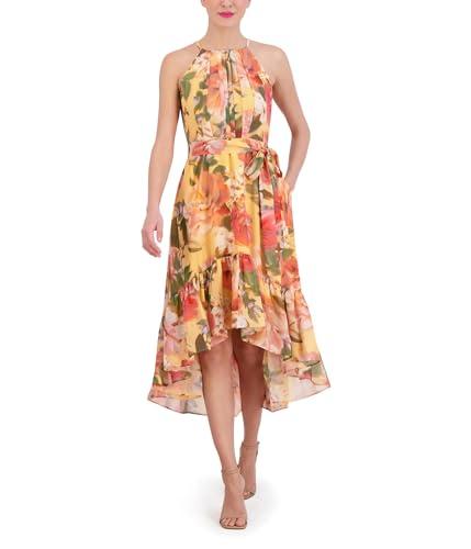 vince camuto women's chiffon halter high low midi, yellow multi