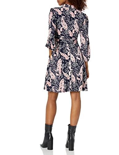 vince camuto women's collared v-neck knee length wrap dress, navy muti, 6