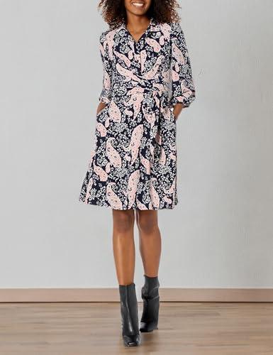 vince camuto women's collared v-neck knee length wrap dress, navy muti, 6