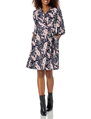 vince camuto women's collared v-neck knee length wrap dress, navy muti, 6