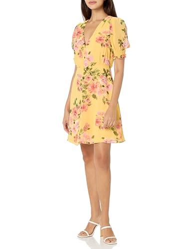 vince camuto women's flutter sleeve v-neck fit & flare chiffon mini dress, yellow multi, 0