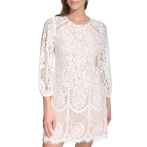vince camuto women's lace blouson sleeve shift dress, ivory/blush