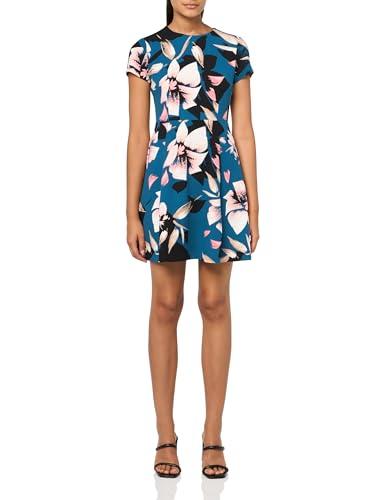 vince camuto women's petite short sleeve high neck a-line mini dress, teal, 0