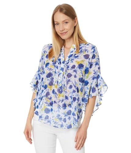 vince camuto women's pintuck flutter slv henley blouse, ultra white