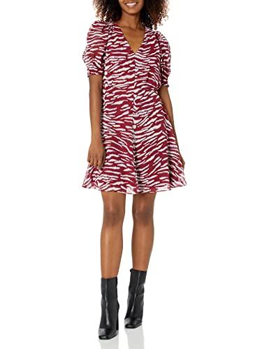 vince camuto women's puff sleeve v-neck fit & flare mini dress, wine, 12