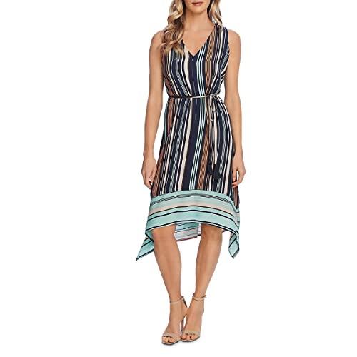 vince camuto women's s/l asym hem tie waist stripe dress, mood indigo, xl