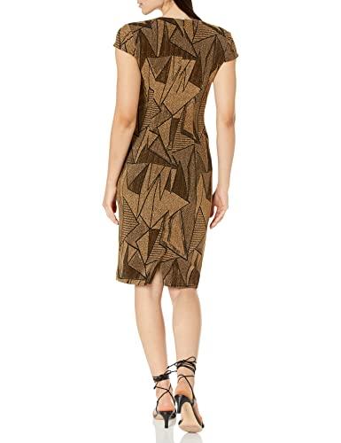 vince camuto women's short sleeve high neck embellished sheath midi dress, black gold, 12