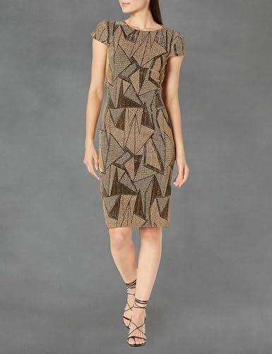 vince camuto women's short sleeve high neck embellished sheath midi dress, black gold, 12