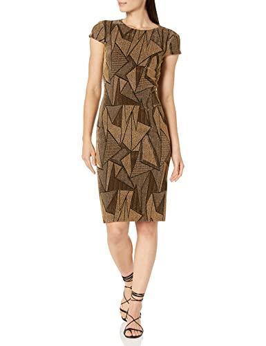 vince camuto women's short sleeve high neck embellished sheath midi dress, black gold, 12