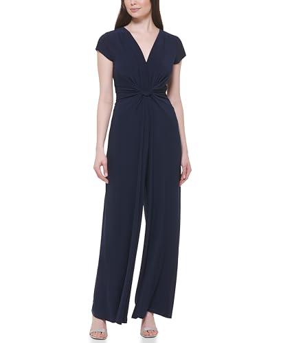 vince camuto women's short sleeve v-neck twist front summer jumpsuit, navy, medium