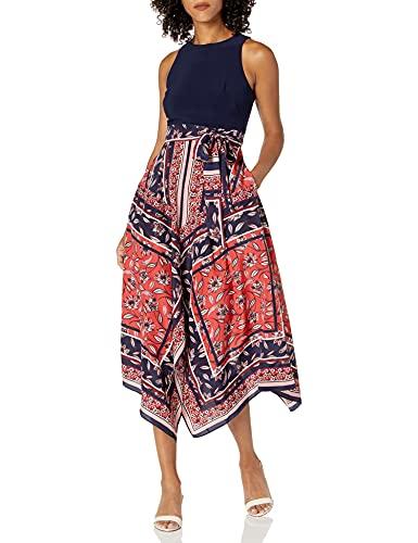 vince camuto women's sleeveless high neck tie waist handkerchief midi dress, plum, 10