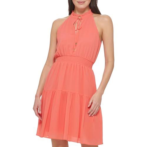 vince camuto women's sleeveless tie neck ruffle tiered fit & flare mini dress, mango, 10