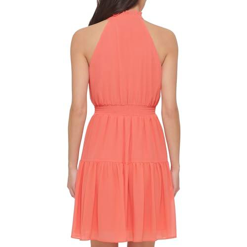 vince camuto women's sleeveless tie neck ruffle tiered fit & flare mini dress, mango, 10