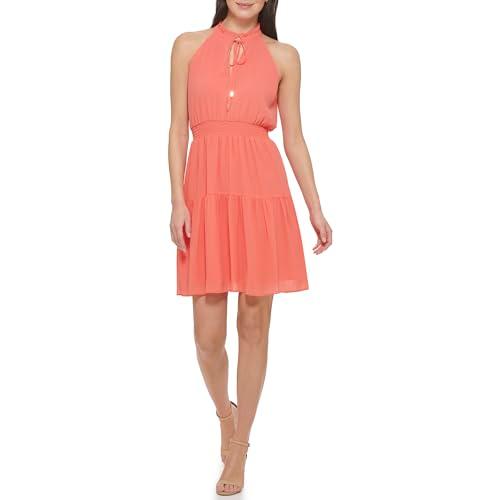 vince camuto women's sleeveless tie neck ruffle tiered fit & flare mini dress, mango, 10