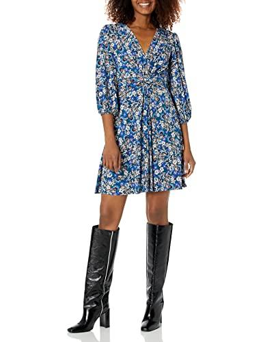 vince camuto women's stretch printed tie front dress, teal, 8