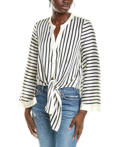 vince camuto women's tie front blouse with flare sleeve, obsidian