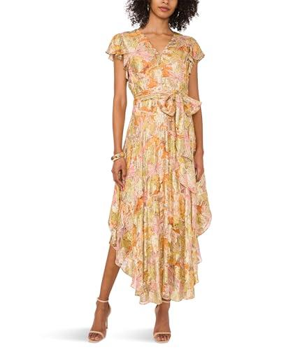 vince camuto women's v neck button down maxi dress with flutter sleeve, crushed orange