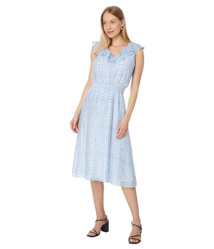 vince camuto women's v neck smocked waist midi dress w ruffle, airy blue