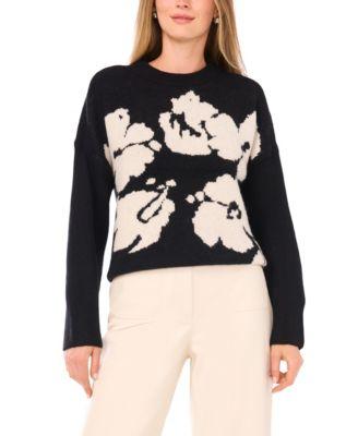 vince camuto womens crewneck floral motif long sleeve sweater