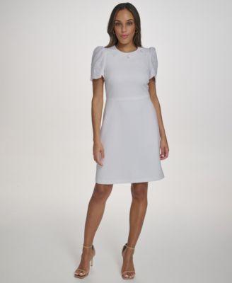 vince camuto womens embroidered fit flare crewneck dress