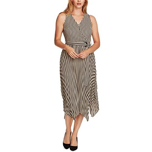 vince camuto womens handkerchief hem midi wrap dress tan 6