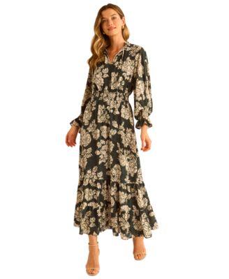 vince camuto womens long sleeve smocked waist tiered dress