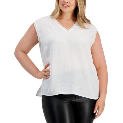 vince camuto womens plus v-neck ribbed trim shell ivory 1x